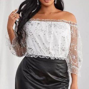 SHEIN | Sequin Panel Bardot Mesh Top, Size XL